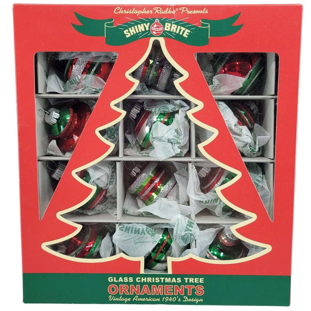 Christopher Radko Shiny Brite Glass Christmas Tree Ornaments Set Box Tissue